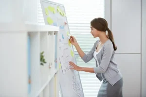 Recomendaciones y ejemplos para dar feedback negativo a tu jefe 6 Mujer escribiendo sobre una pizarra